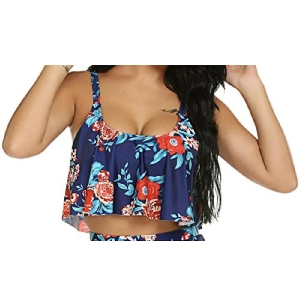 Avidlove Tankini Swim Top Womens XL Blue Floral Ruffle Overlay Padded Bra